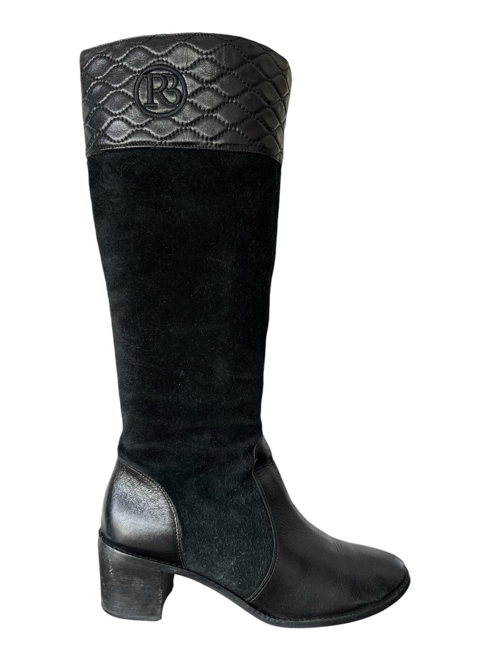 Raphaella Booz Women's Black Suede Leather Tall Block Heel Boots Quilted Logo 10